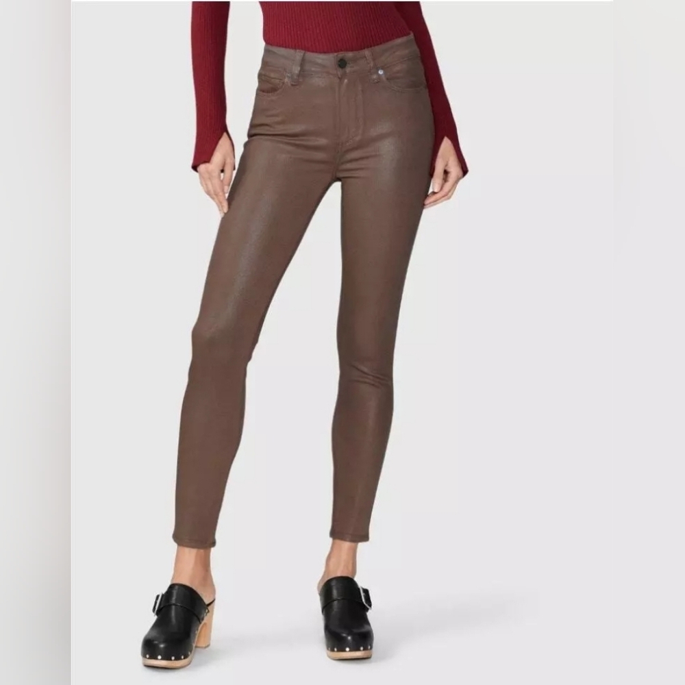 PAIGE Hoxton Ankle Pants Women's 33 Cognac Luxe Solid Coated Button Zip Closure